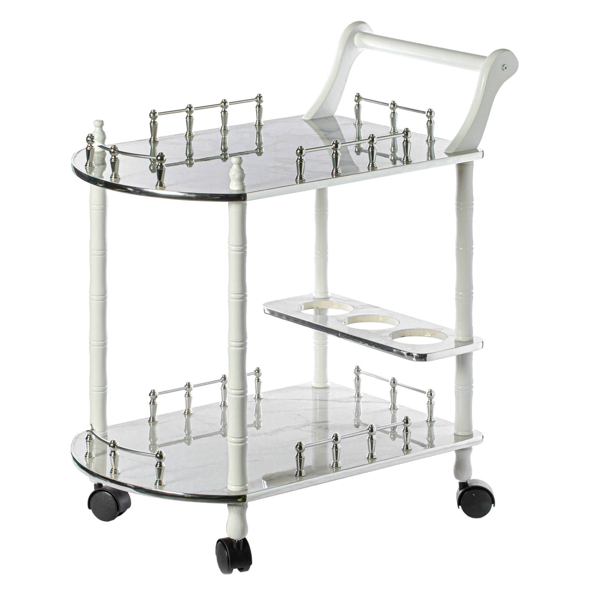 Gold Black and White Wood Serving Bar Cart with 2 Tier Shelves and Rolling Wheels V9297