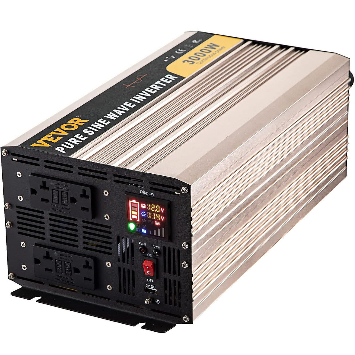 3000 Watt Pure Sine Wave Power Inverter, DC 12V to AC 110V, with LCD Display, 5V USB Port, AC Outlets (GFCI) O9477