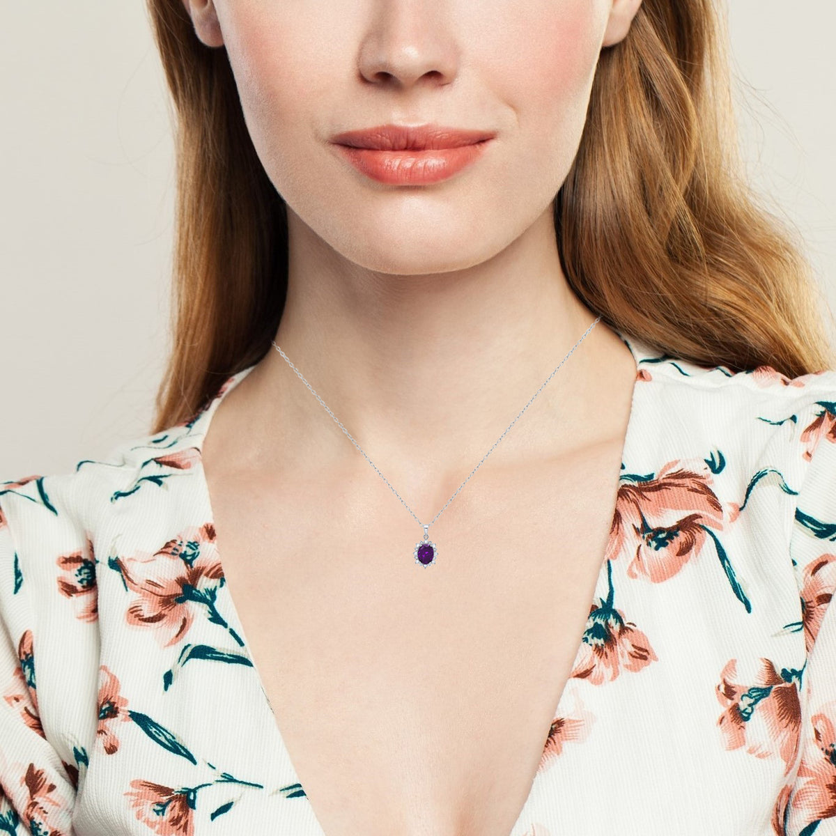 Amethyst Oval Pendant Necklace with White Topaz Halo 18 Inch Cable Chain O8795