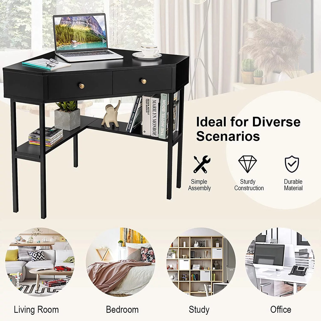 Corner Desk with 2 Drawers, Storage Shelves & Steel Frame S366