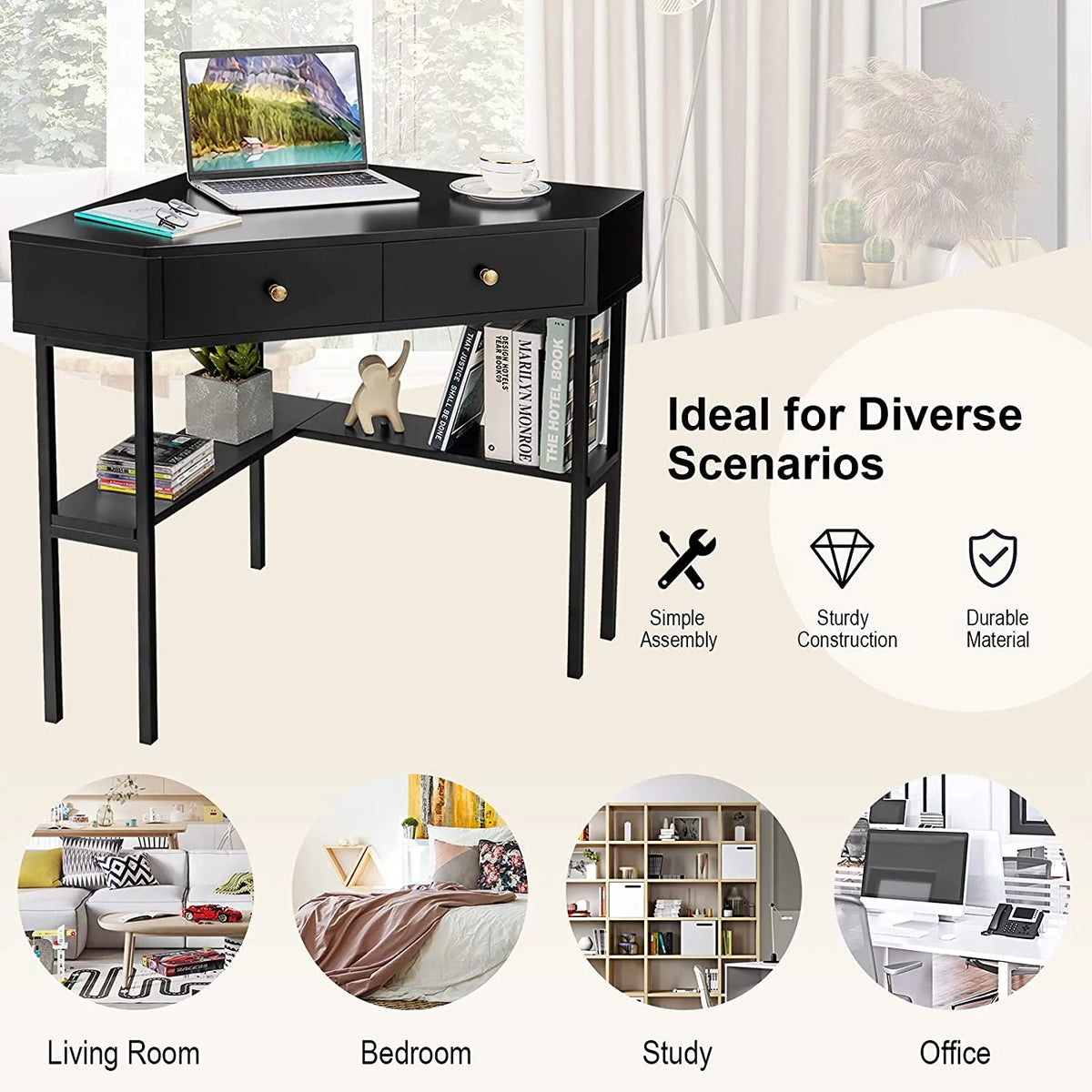 Corner Desk with 2 Drawers, Storage Shelves & Steel Frame S366