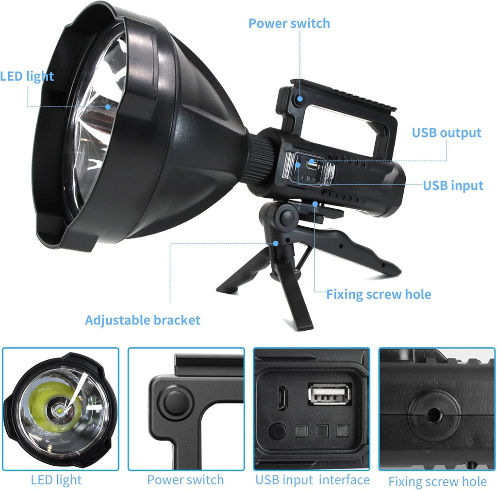 Rechargeable LED Spotlight Flashlights 90000 Lumens XHP90.2 Super Bright Searchlight with 4 Modes IPX5 Waterproof Large Flashlight with Tripod B21397