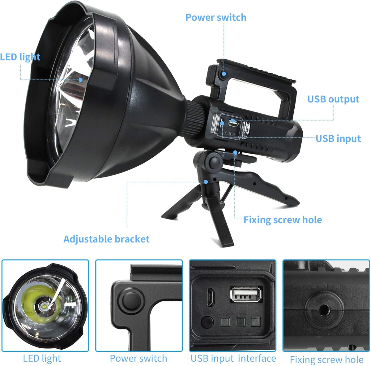Rechargeable LED Spotlight Flashlights 90000 Lumens XHP90.2 Super Bright Searchlight with 4 Modes IPX5 Waterproof Large Flashlight with Tripod B21397