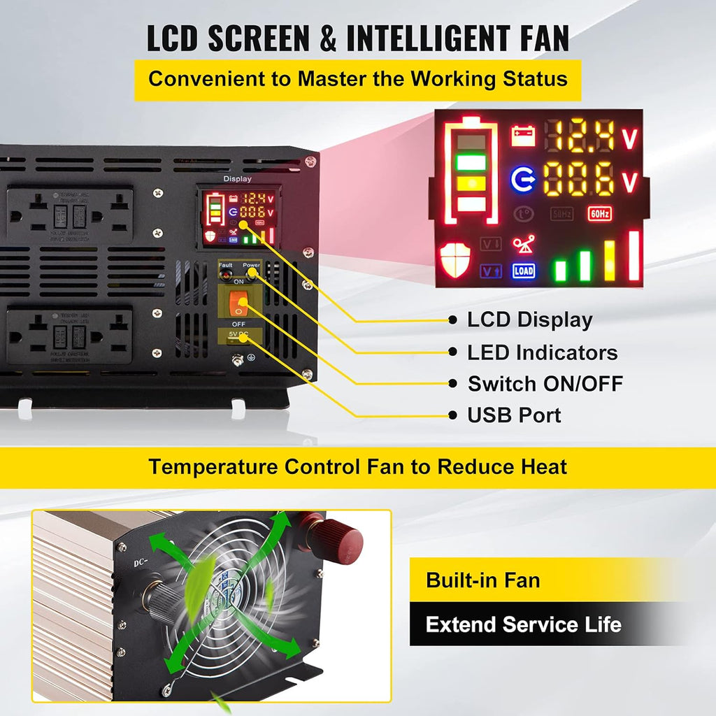 3000 Watt Pure Sine Wave Power Inverter, DC 12V to AC 110V, with LCD Display, 5V USB Port, AC Outlets (GFCI) O9477