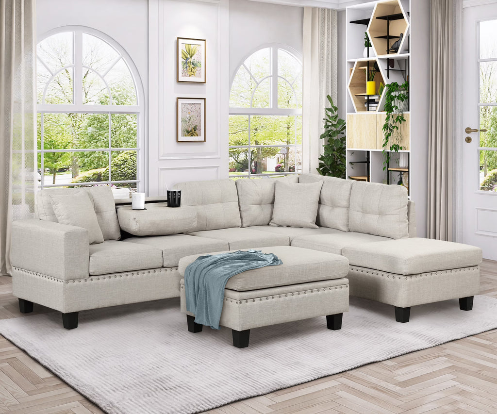 Light Gray Sectional Sofa with Storage Ottoman and Cup Holder O628309