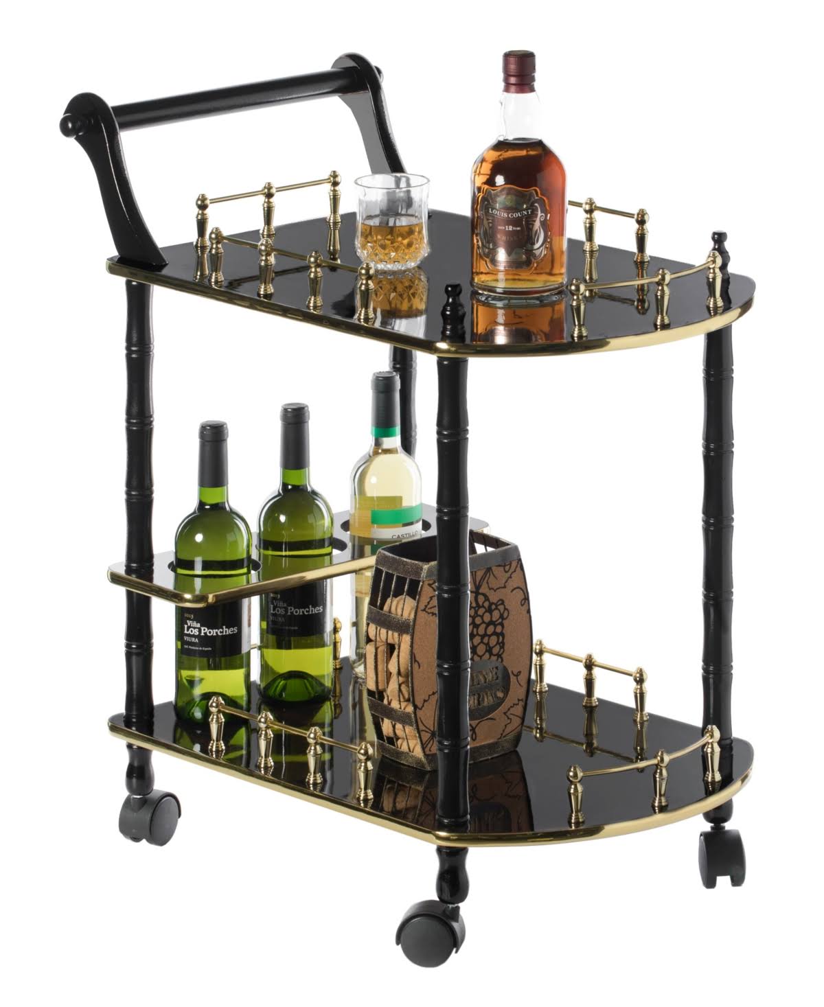 Gold Black and White Wood Serving Bar Cart with 2 Tier Shelves and Rolling Wheels V9297