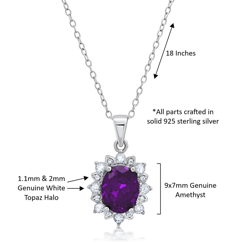 Amethyst Oval Pendant Necklace with White Topaz Halo 18 Inch Cable Chain O8795