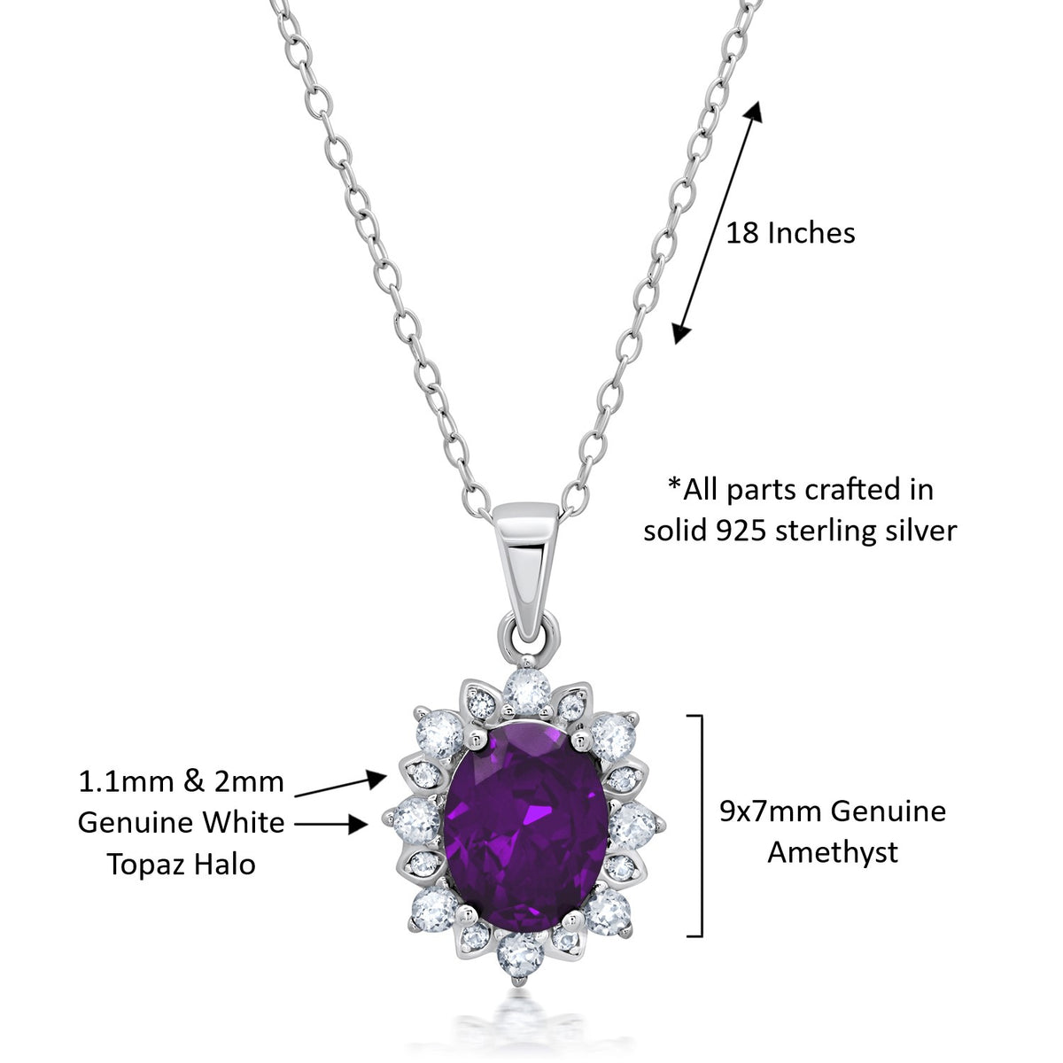 Amethyst Oval Pendant Necklace with White Topaz Halo 18 Inch Cable Chain O8795
