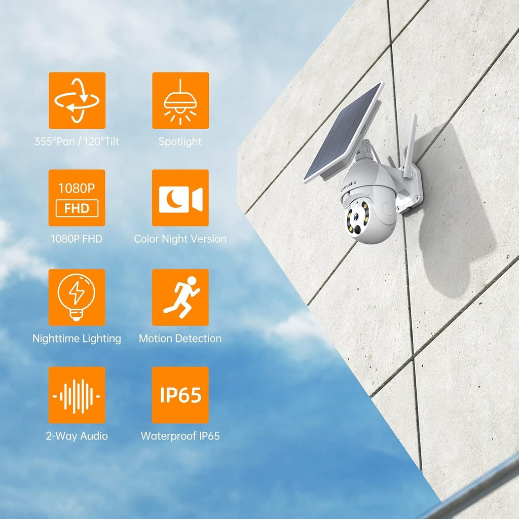 Solar Security Camera Outdoor, Wireless 360° Pan Tilt, Solar Powered, 2.4G WiFi Z6487