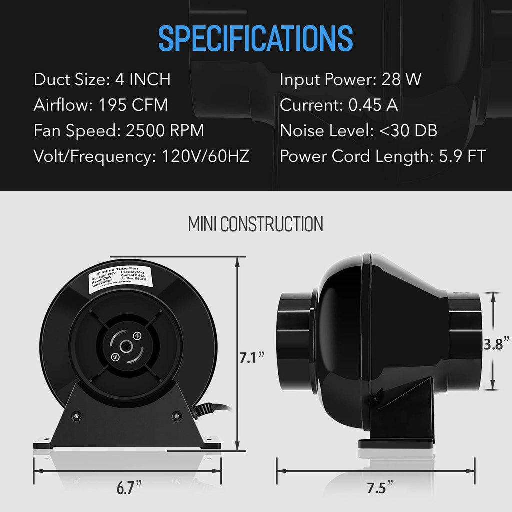 4 Inch 195 CFM Inline Circulation Vent Blower and Air Carbon Filter 8 Feet Ducting Combo, Pack of 2 Q12345