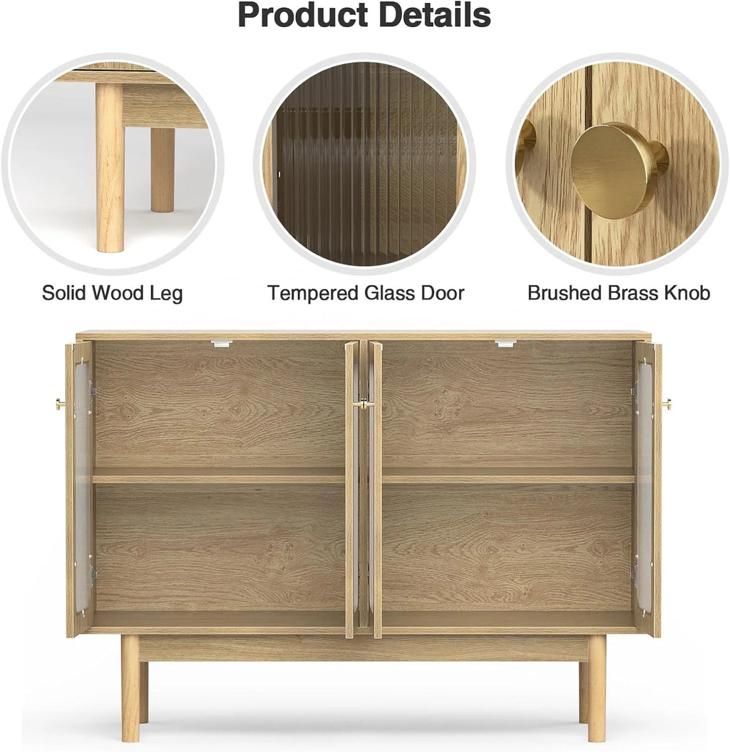 4 Door Wood Buffet Cabinet with Glass Door and Adjustable Shelves M59437