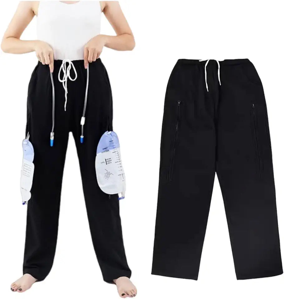 Catheter Leg Bag Pants with Double Zippered Pockets, Holds Two 2000 ml Bags, Black P45659