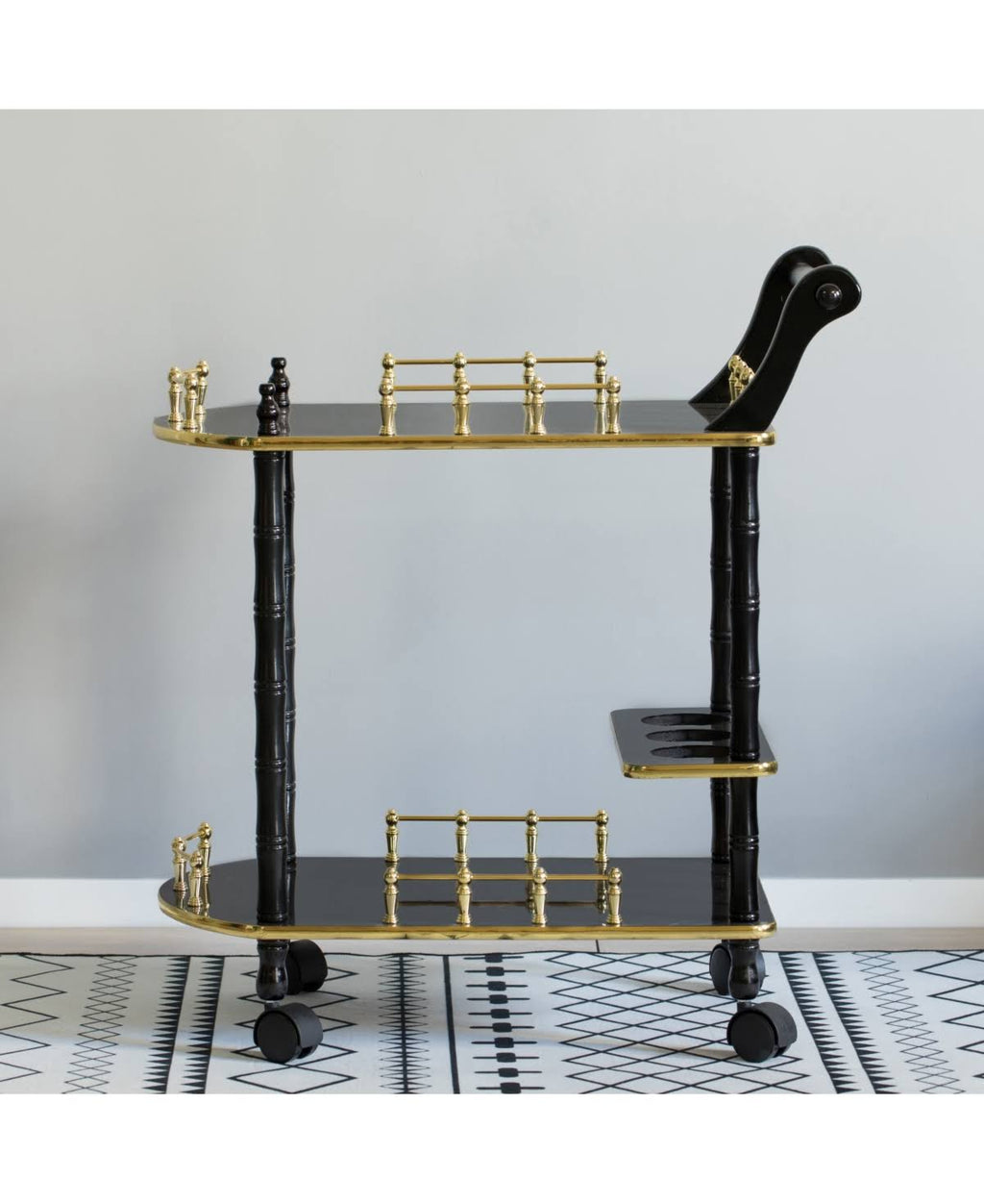 Gold Black and White Wood Serving Bar Cart with 2 Tier Shelves and Rolling Wheels V9297