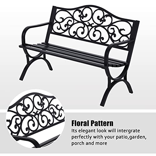 50 Inches Cast Iron Metal Patio Bench with Floral Pattern Backrest N6922