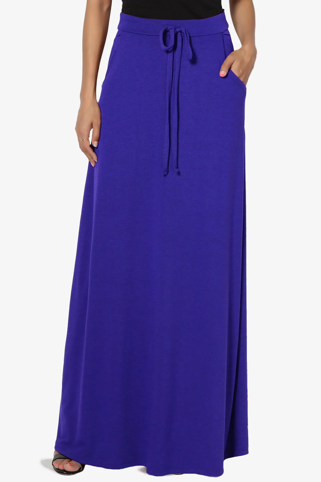 Drawstring Waist Pocket Jersey A-Line Maxi Skirt U574