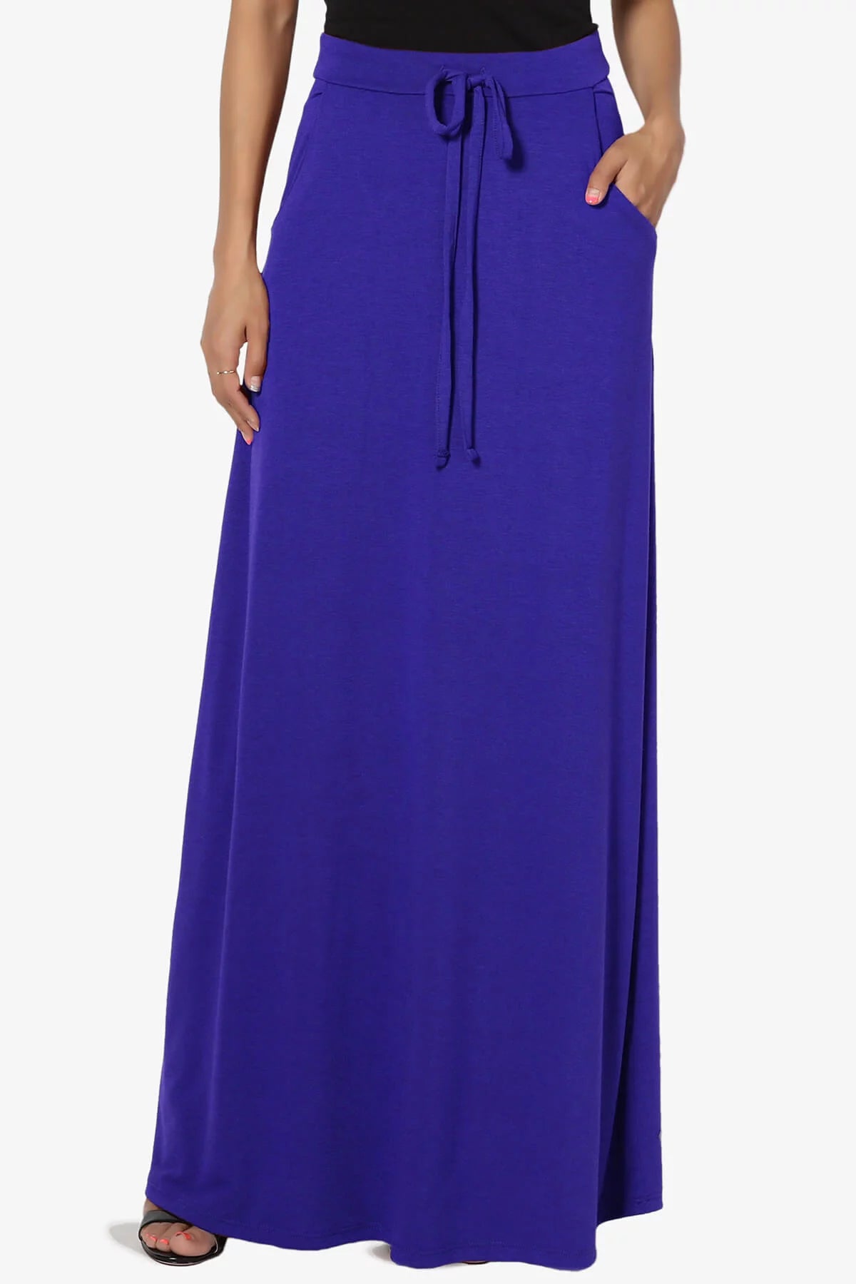 Drawstring Waist Pocket Jersey A-Line Maxi Skirt U574