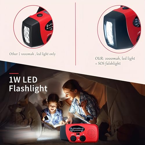 Portable Self-Powered AM/FM/NOAA Weather Radio with Solar & Hand-Crank Charging, LED Flashlight, USB Rechargeable, 2000mAh Power Bank E31274
