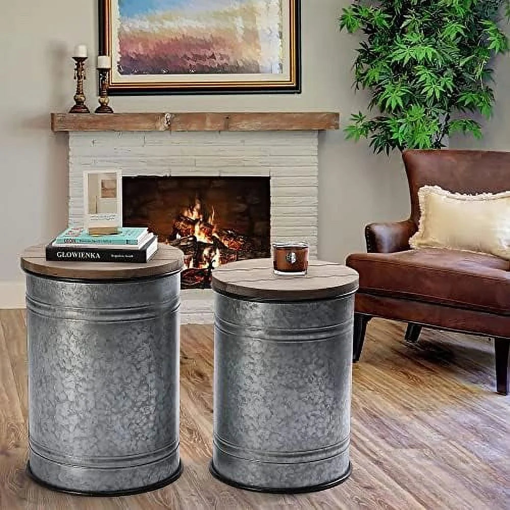 Rustic Ottoman Seat Stool Side Table Set of 2 G431487