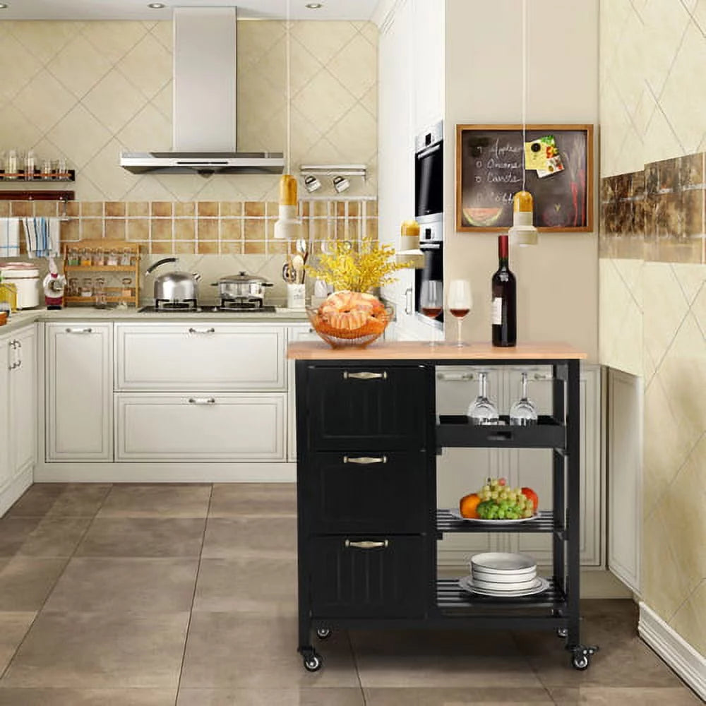 Black Rolling Kitchen Island Cart with 3 Drawers H93656