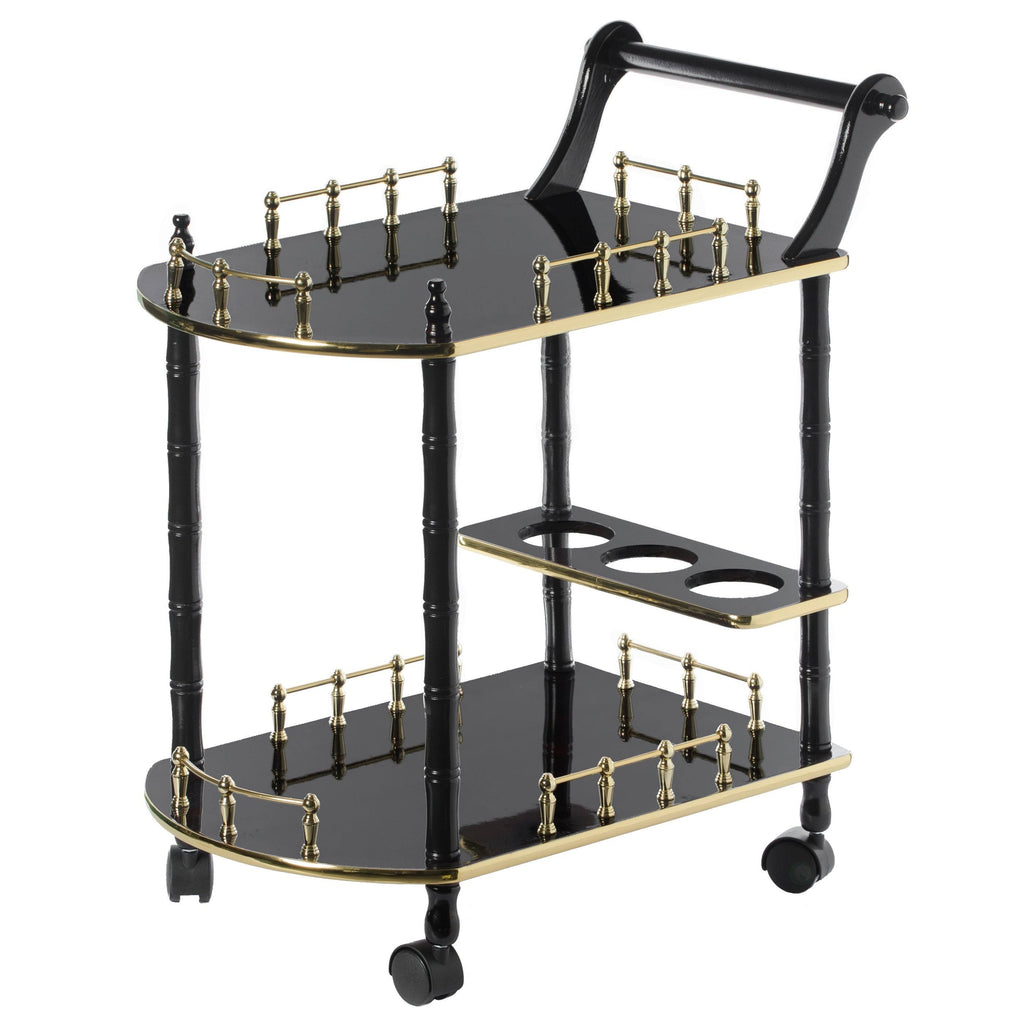Gold Black and White Wood Serving Bar Cart with 2 Tier Shelves and Rolling Wheels V9297