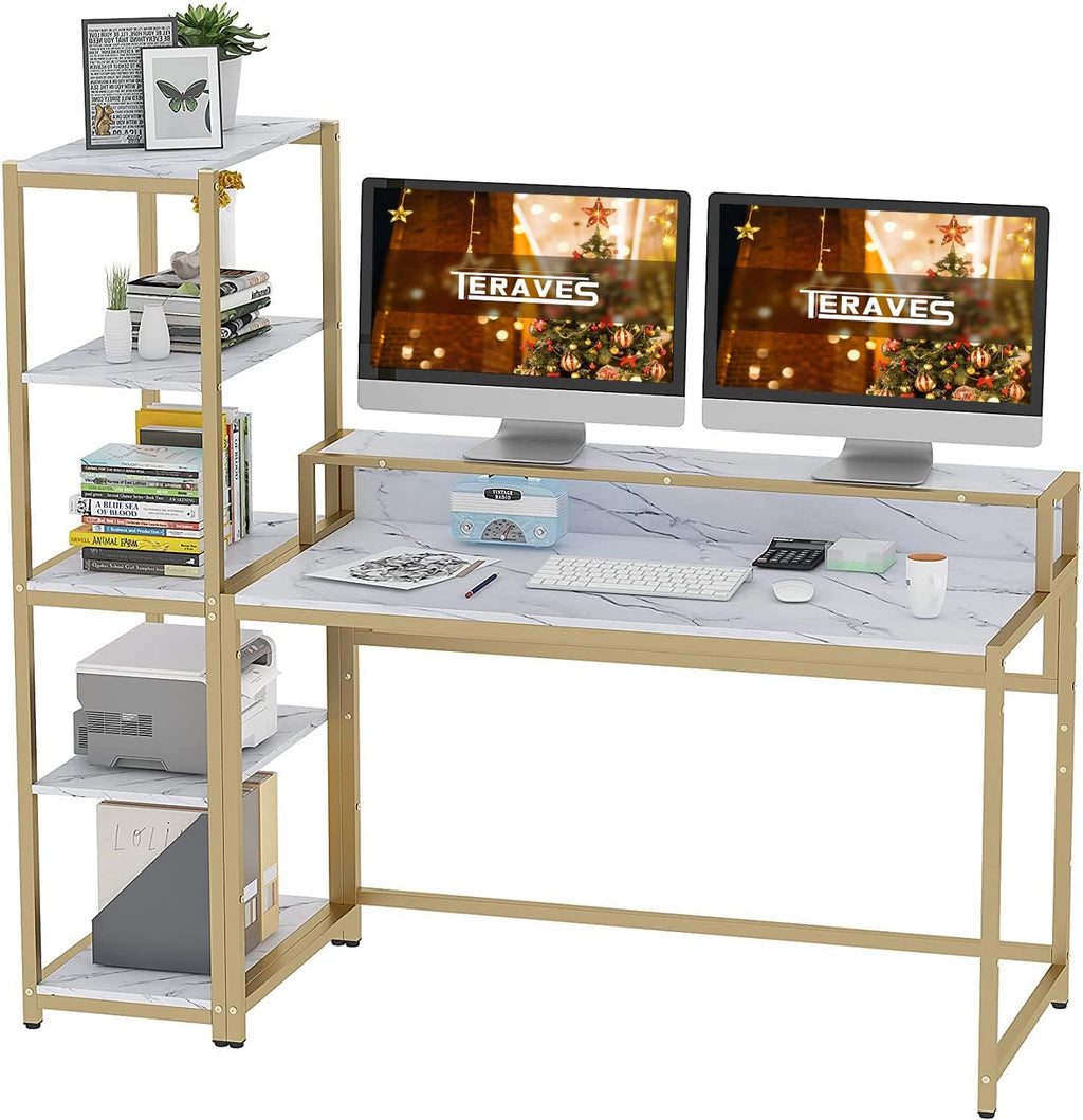 47 Inch Reversible Computer Desk with 5 Tier Shelves and Storage P6539