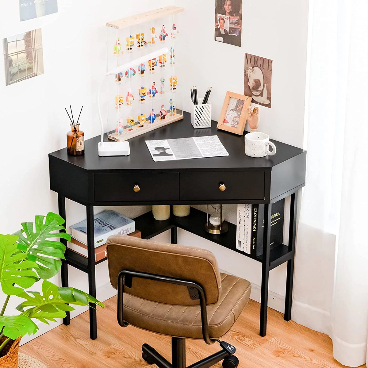 Corner Desk with 2 Drawers, Storage Shelves & Steel Frame S366
