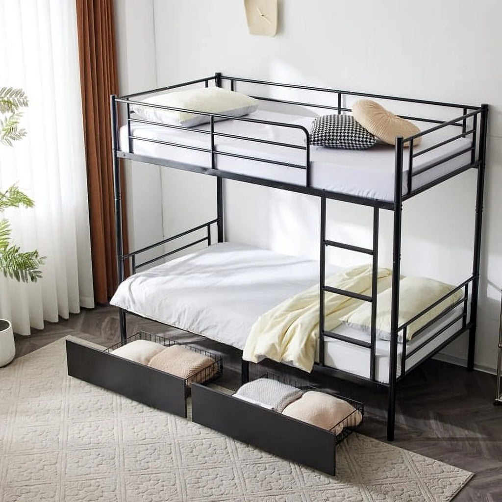 Black Twin Over Twin Iron Convertible Bunk Bed with 2 Storage Drawers B5482
