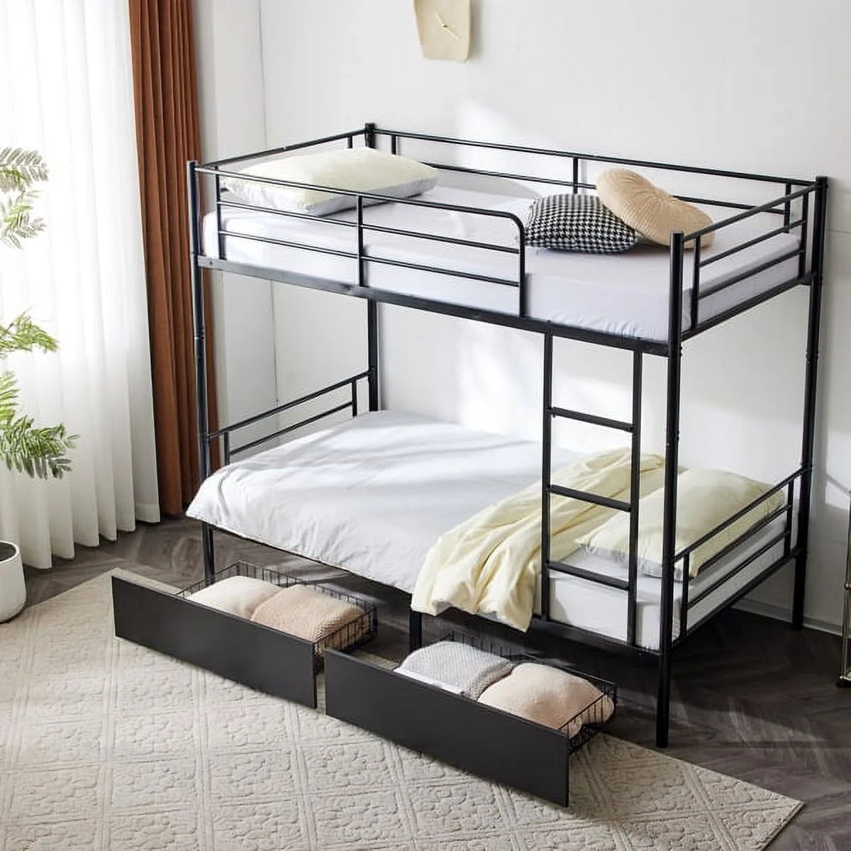 Black Twin Over Twin Iron Convertible Bunk Bed with 2 Storage Drawers B5482