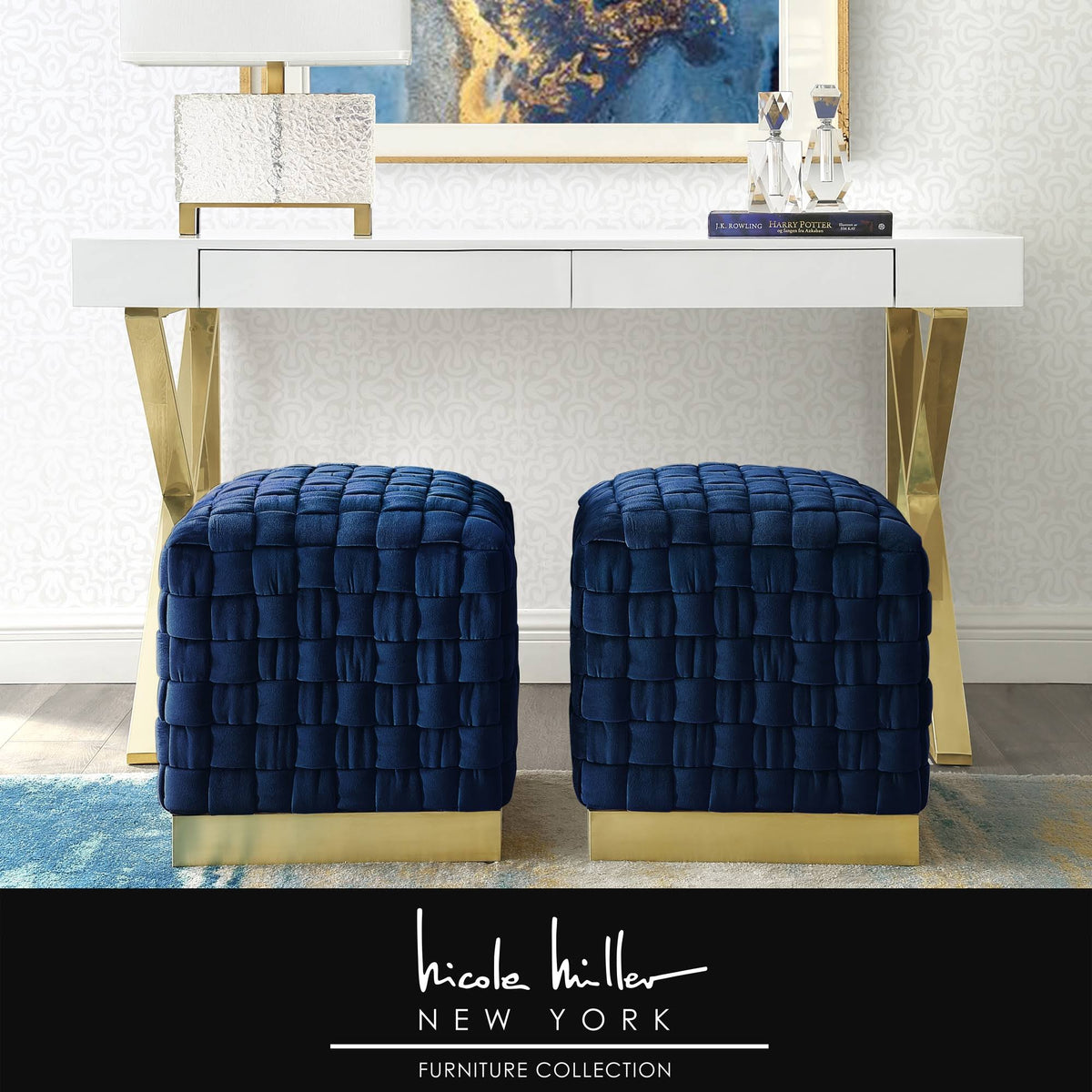 Navy Gold Velvet Cube Ottoman Q2981