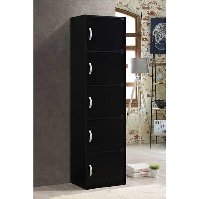 Black 5-Shelf Wood Bookcase with Doors H58809