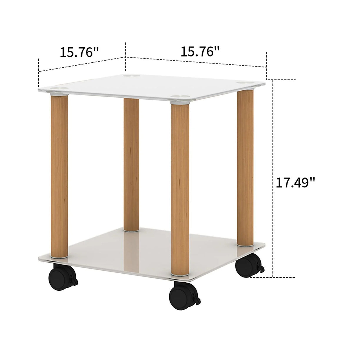 2-Tier Square Side Table Set of 2 with Glass Shelves and Wheels A3192