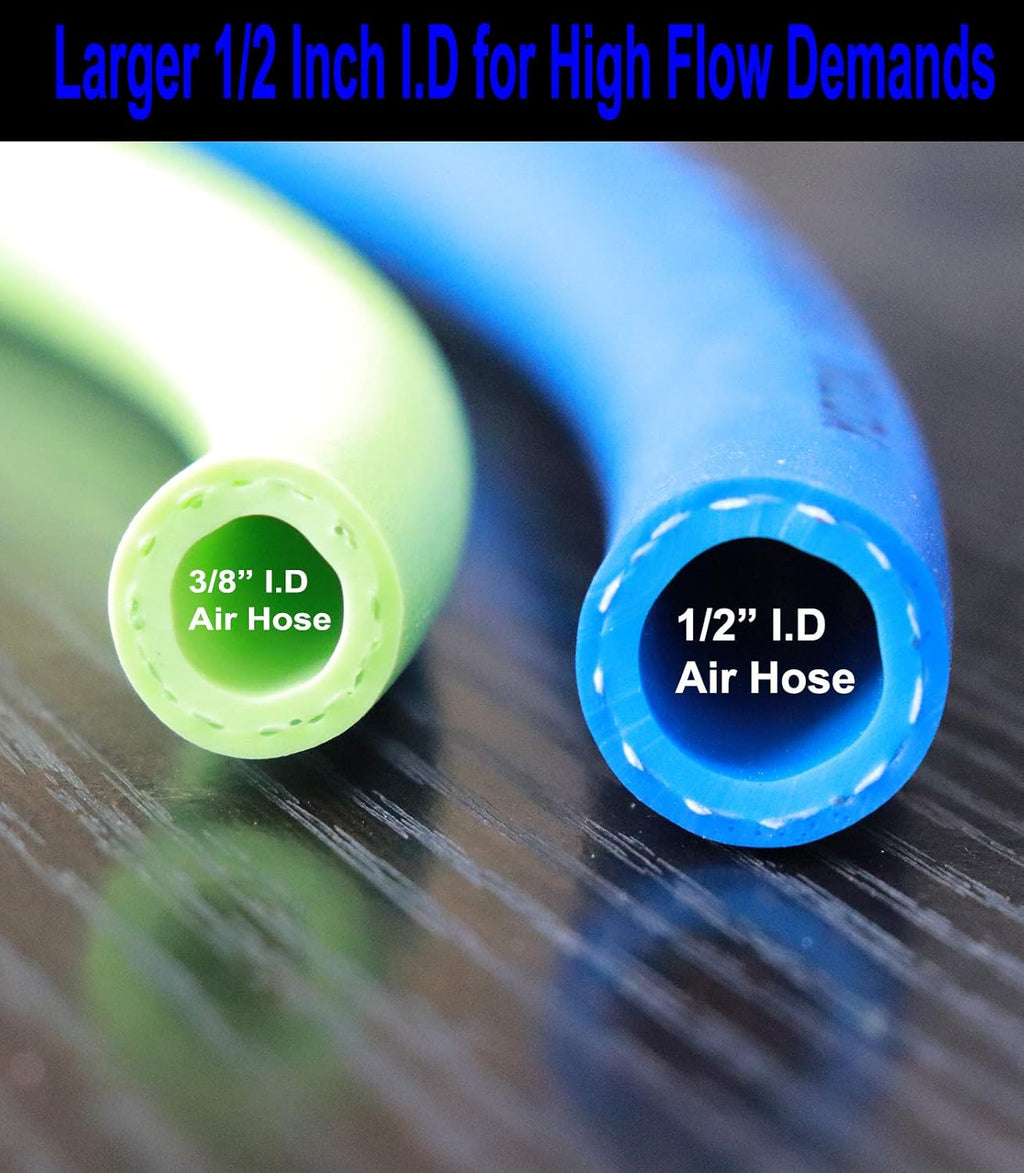 Hybrid Air Hose 1/2-Inch I.D. by 100-Feet Long Solid Brass Fittings 300 PSI Heavy Duty Lightweight Kink Resistant with 3/8" and 1/4" Industrial Quick Coupler Connectors Blue Y614185
