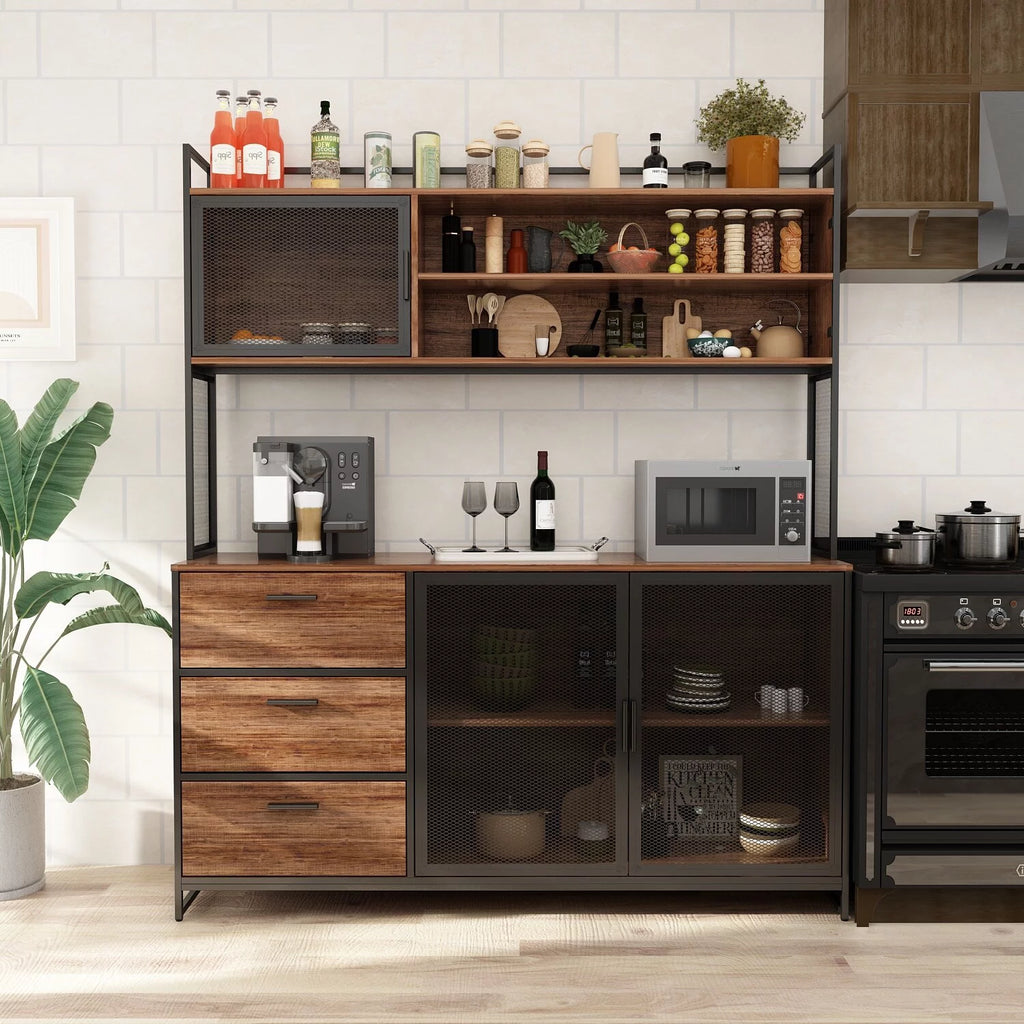 59"W 68.5"H Oak Kitchen Pantry Storage Cabinet with Hutch E5503