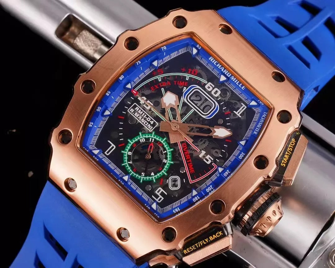 Blue Dial Rose Gold Bezel Rubber Strap Skeleton Watch X187