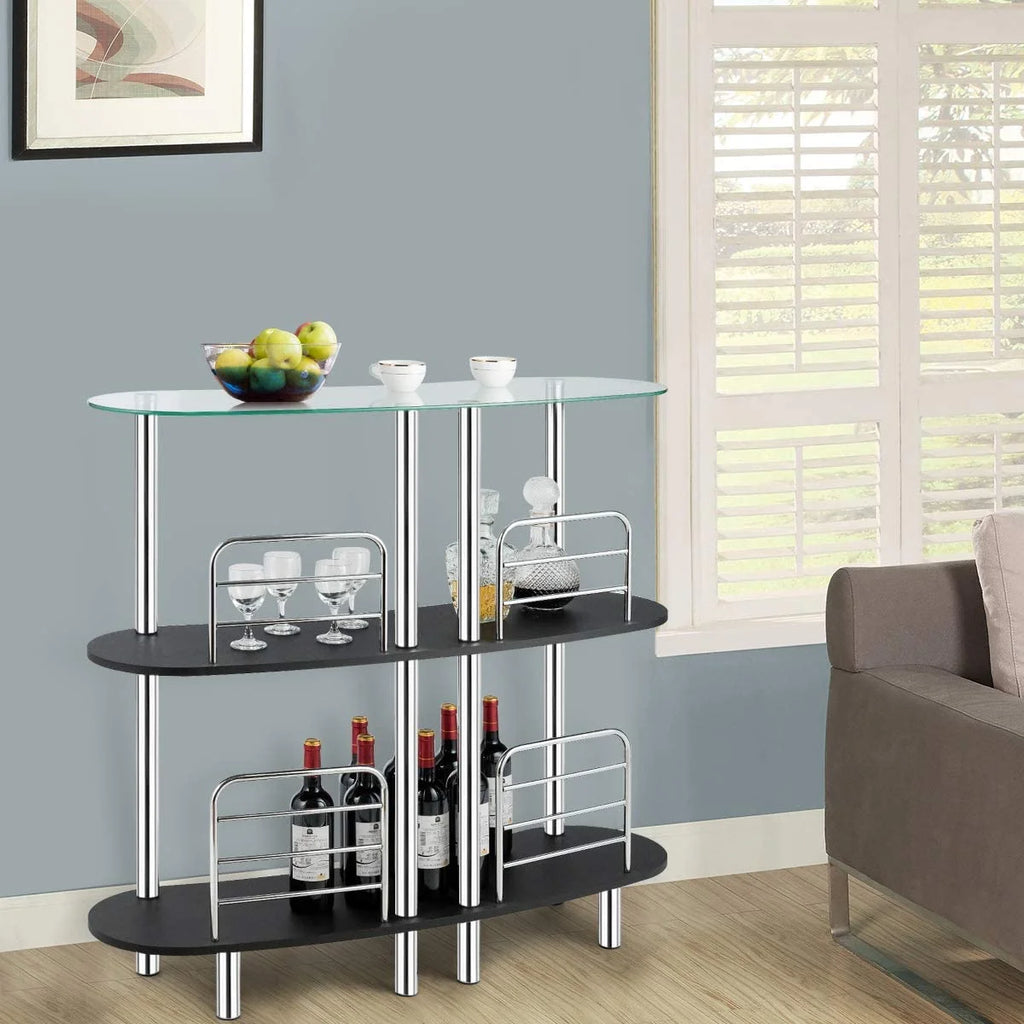 3-Tier Glass Liquor Bar Cabinet with Tempered Glass Counter Top Y75753