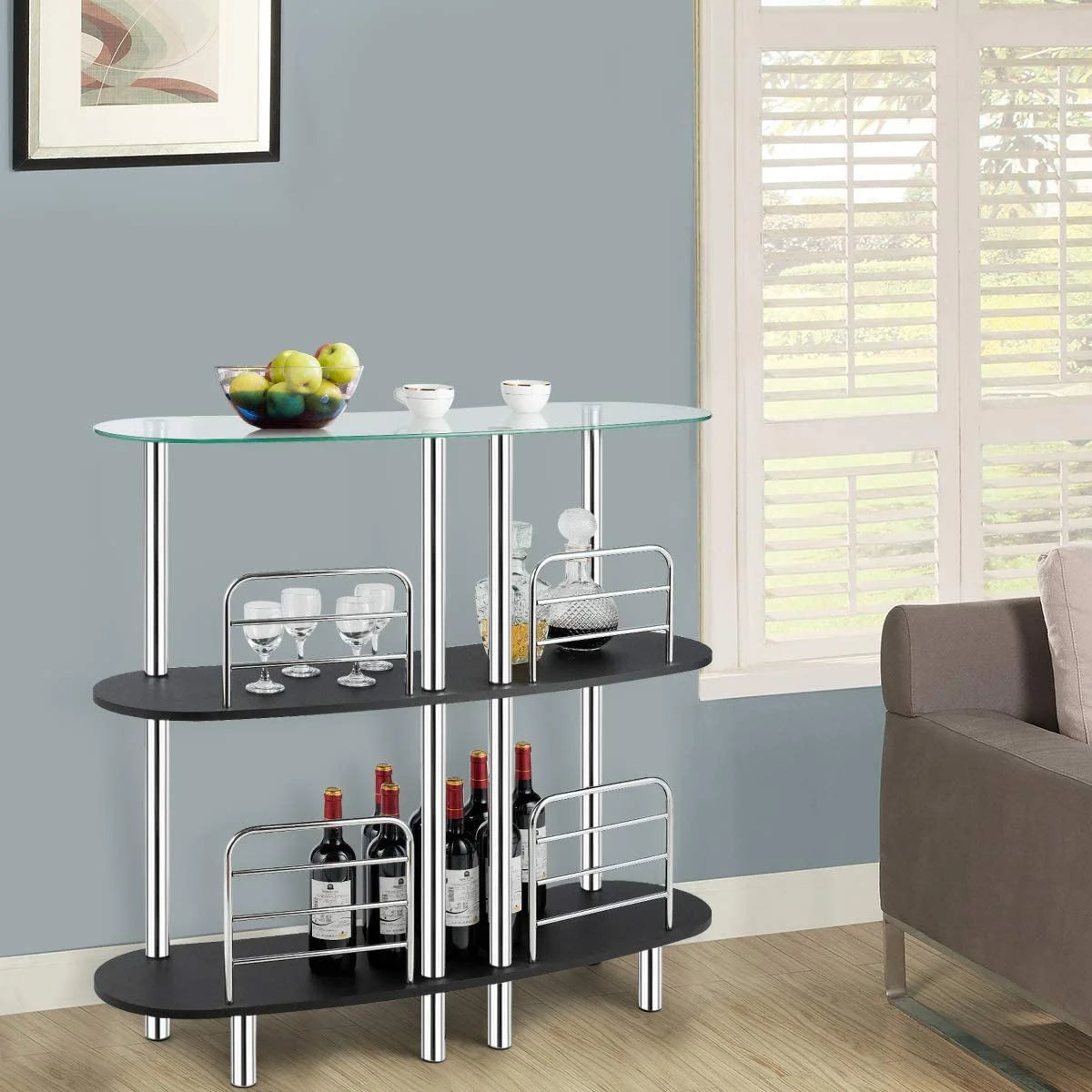 3-Tier Glass Liquor Bar Cabinet with Tempered Glass Counter Top Y75753