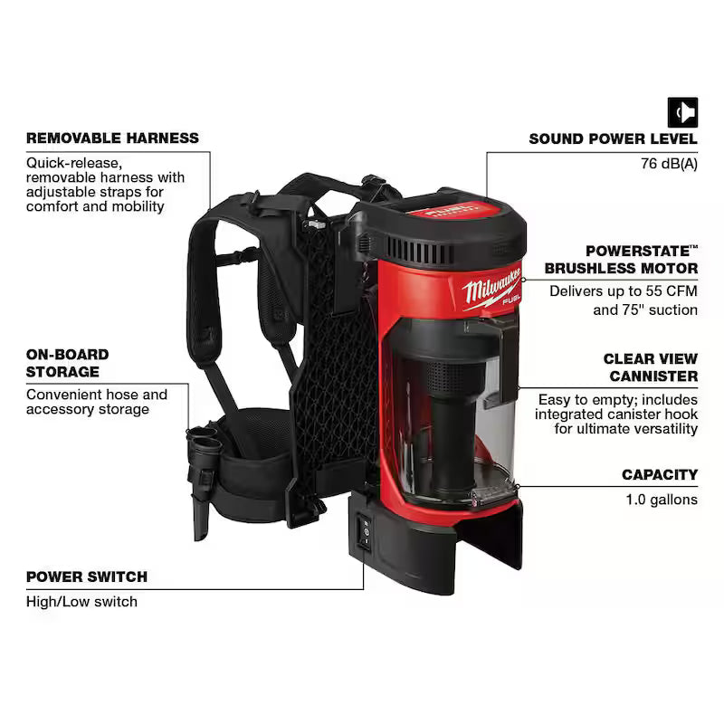 18-Volt Lithium-Ion Brushless Cordless 3-in-1 Backpack Vacuum with 8.0 Ah Battery and Rapid Charger C144901
