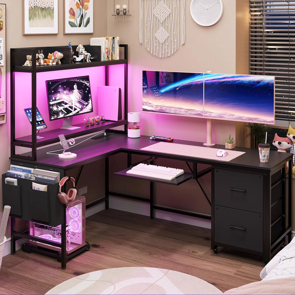 L Shaped Computer Desk with Power Outlet and LED Strip, Black Y5729