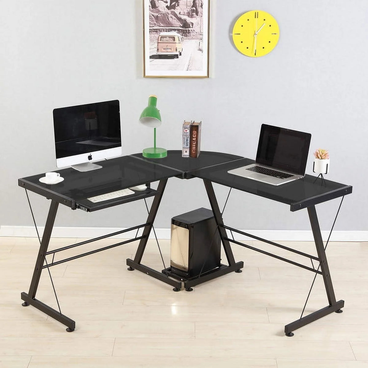 L-Shaped Tempered Glass Computer Desk with Shelf & Keyboard Tray C874