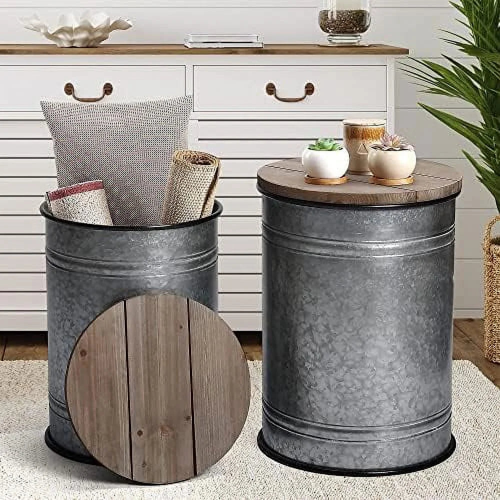 Rustic Ottoman Seat Stool Side Table Set of 2 G431487