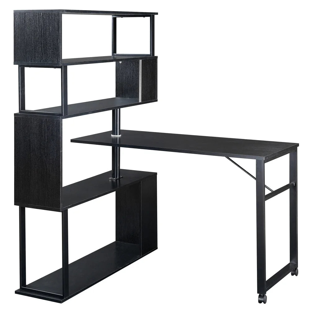 L-Shaped Corner Computer Desk with 5-Tier Bookshelf Black L2371
