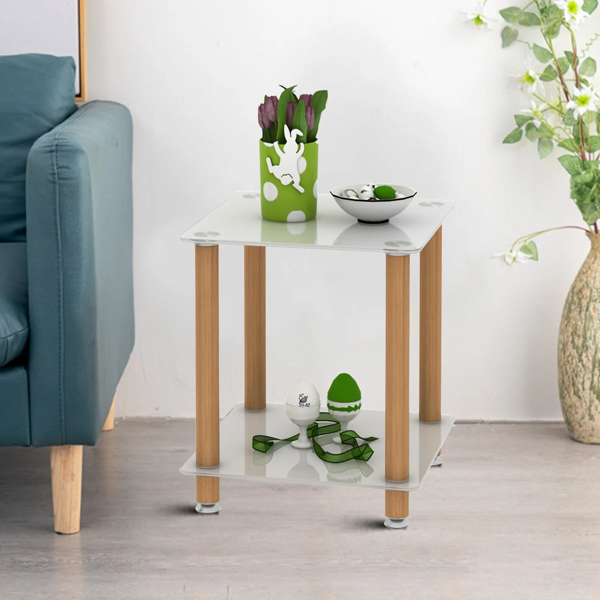 2-Tier Square Side Table Set of 2 with Glass Shelves and Wheels A3192