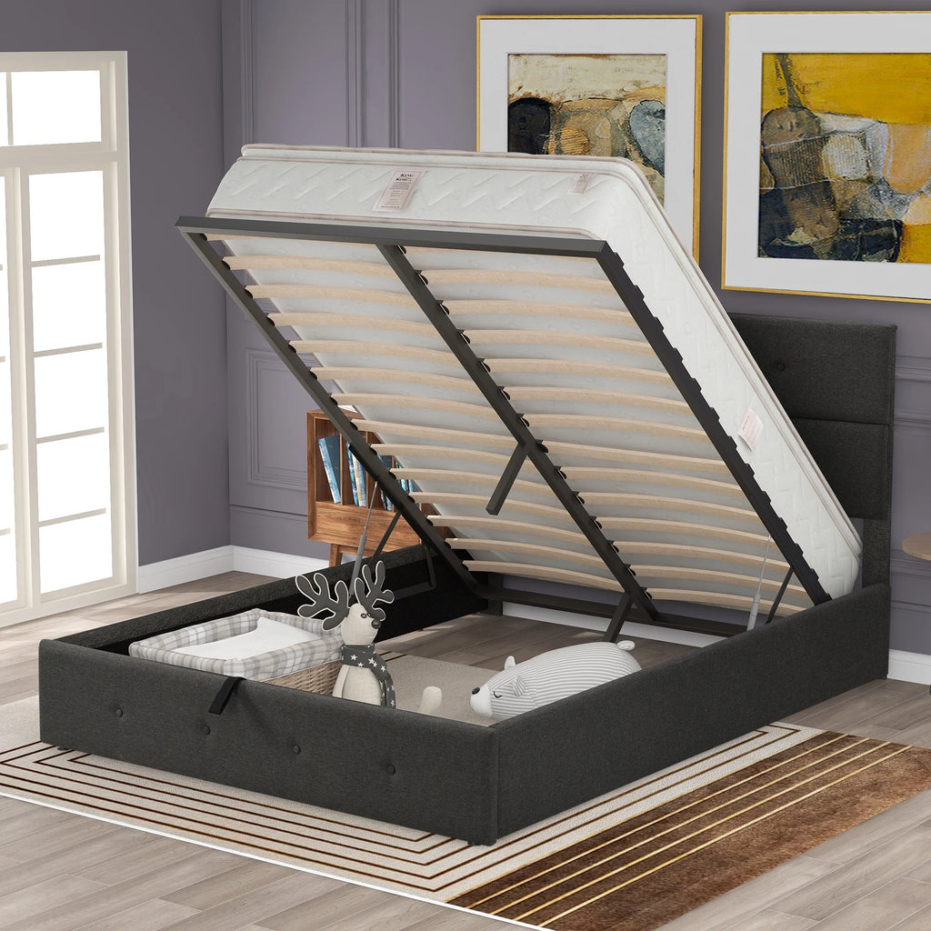Gray Queen Size Upholstered Lift Up Platform Bed with Headboard and Underneath Storage B380445