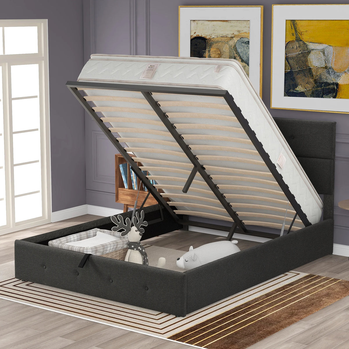 Gray Queen Size Upholstered Lift Up Platform Bed with Headboard and Underneath Storage B380445