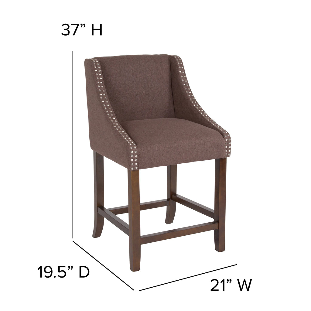 Walnut Counter Height Stool with Nailhead Trim in Brown Fabric - Set of 2 E72995