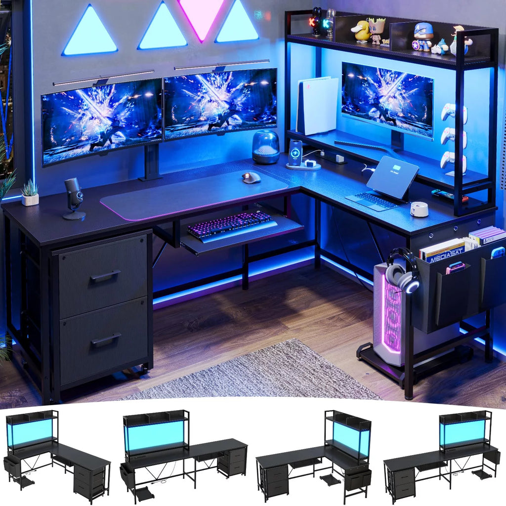 L Shaped Computer Desk with Power Outlet and LED Strip, Black Y5729