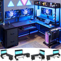 L Shaped Computer Desk with Power Outlet and LED Strip, Black Y5729