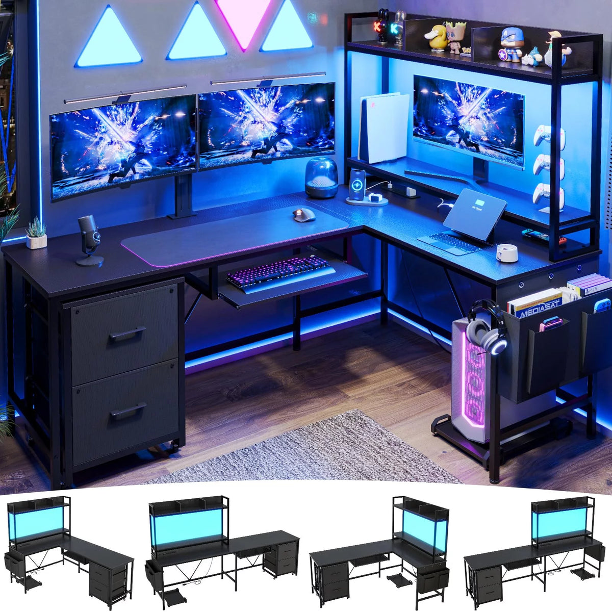 L Shaped Computer Desk with Power Outlet and LED Strip, Black Y5729