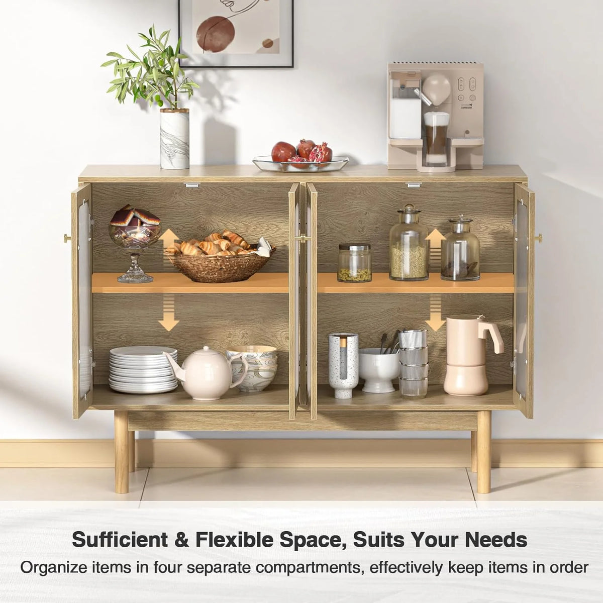 4 Door Wood Buffet Cabinet with Glass Door and Adjustable Shelves M59437