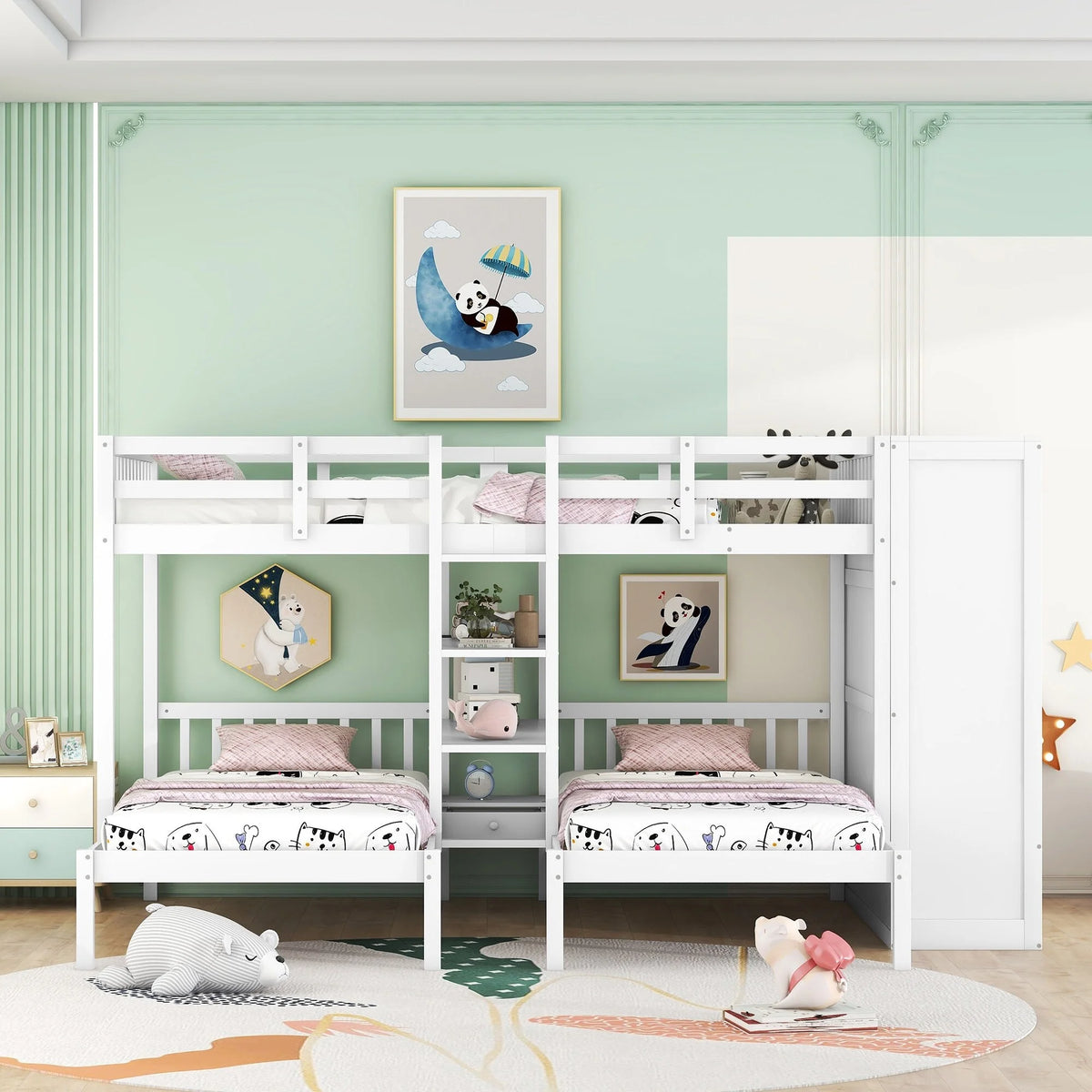 White Full-Over-Twin-Twin Bunk Bed with Shelves, Wardrobe, Mirror, and Storage V236